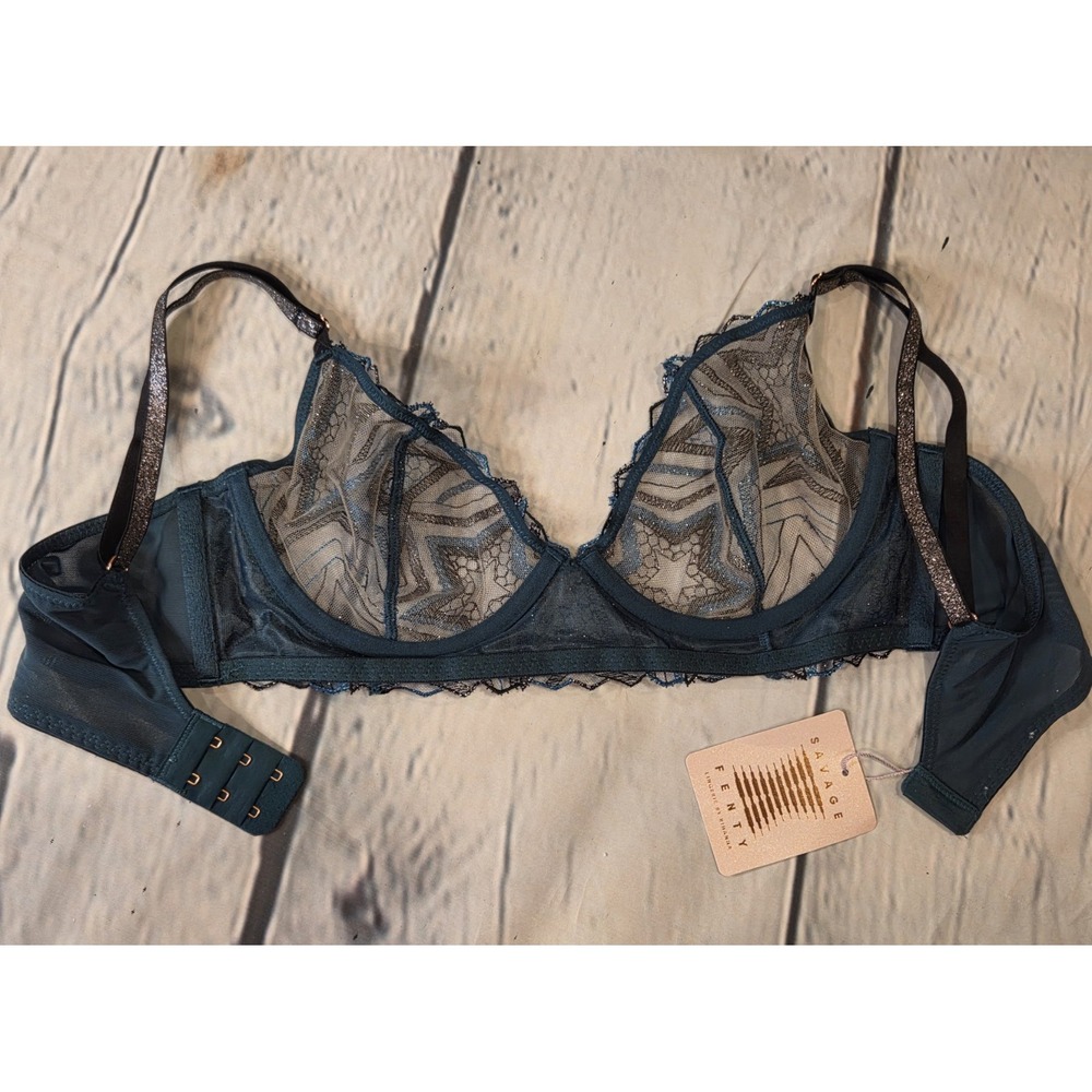 Savage X Fenty NWT 36B Unlined‎ Lace Demi Bra Shining Star-Wildflower Blue - Picture 10 of 11